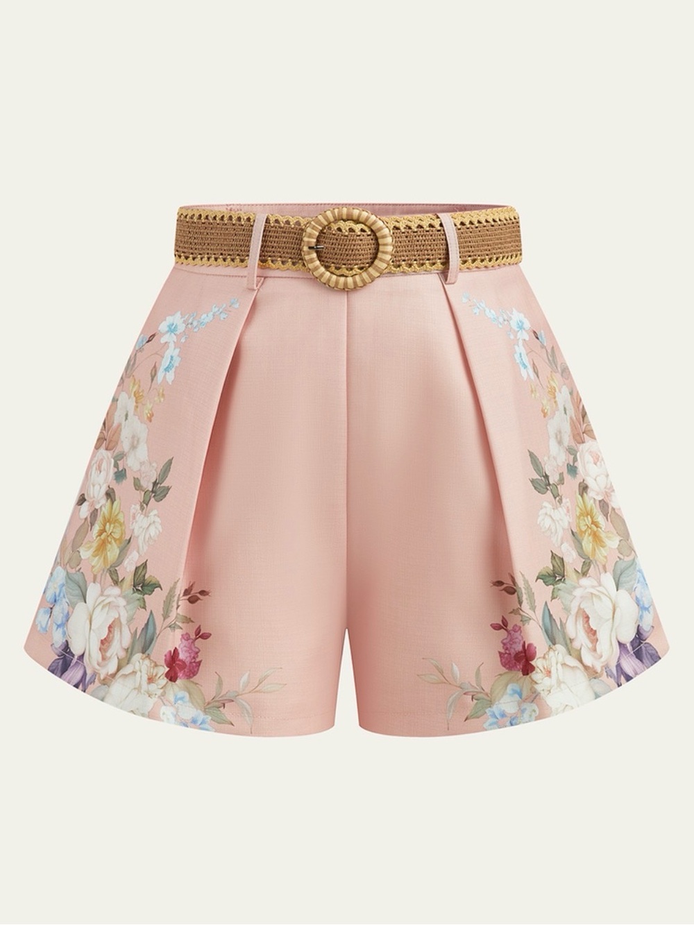 NWT Commense Floral Pink Pleated Women's Shorts with Woven Belt